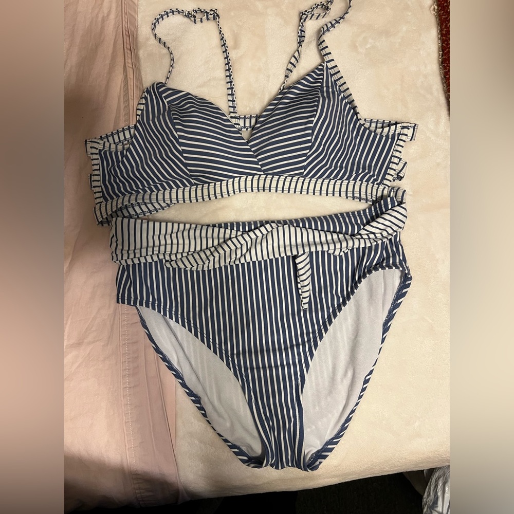 Blue and White strip high waisted bathing suit